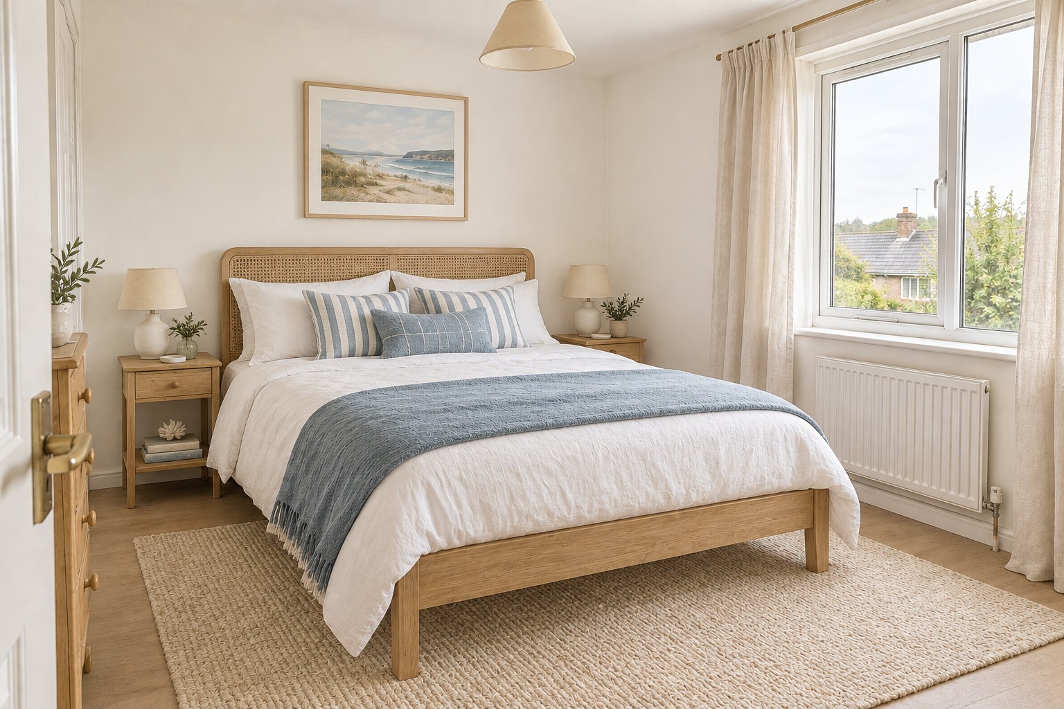 The same bedroom with a coastal palette, blue accents and light natural textures