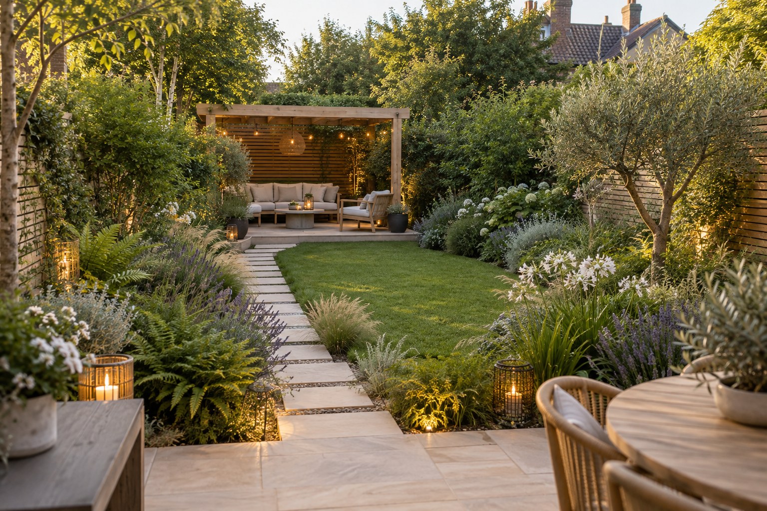 The same garden with lush planting, a stone path and a sheltered outdoor seating area