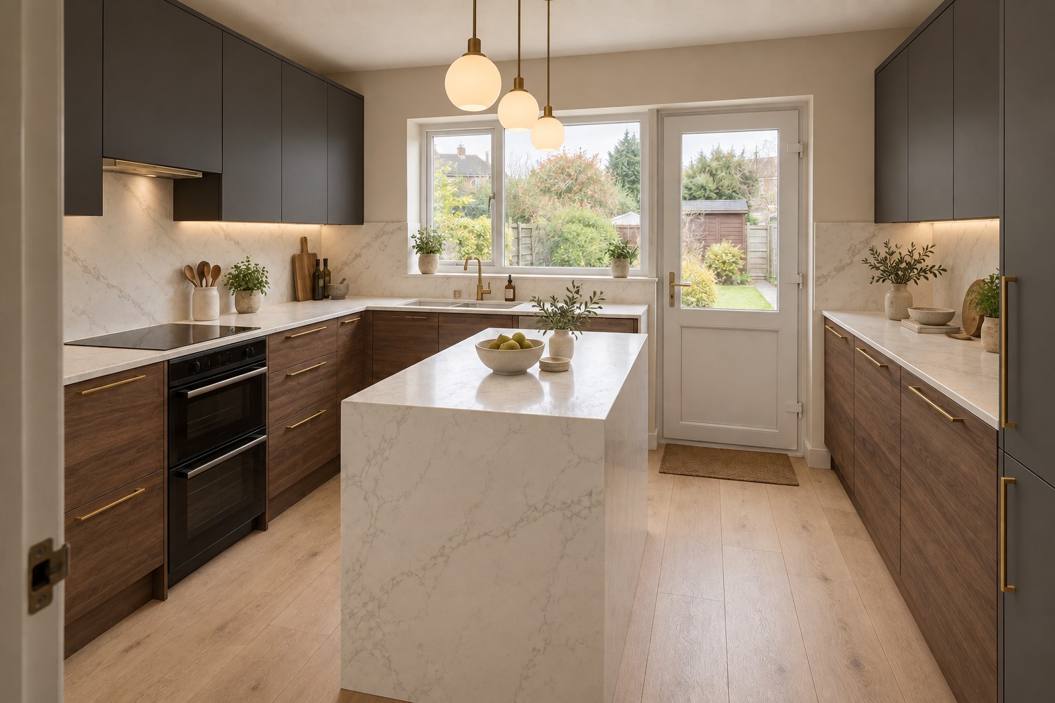 The same kitchen redesigned with modern cabinetry and a fresh colour palette