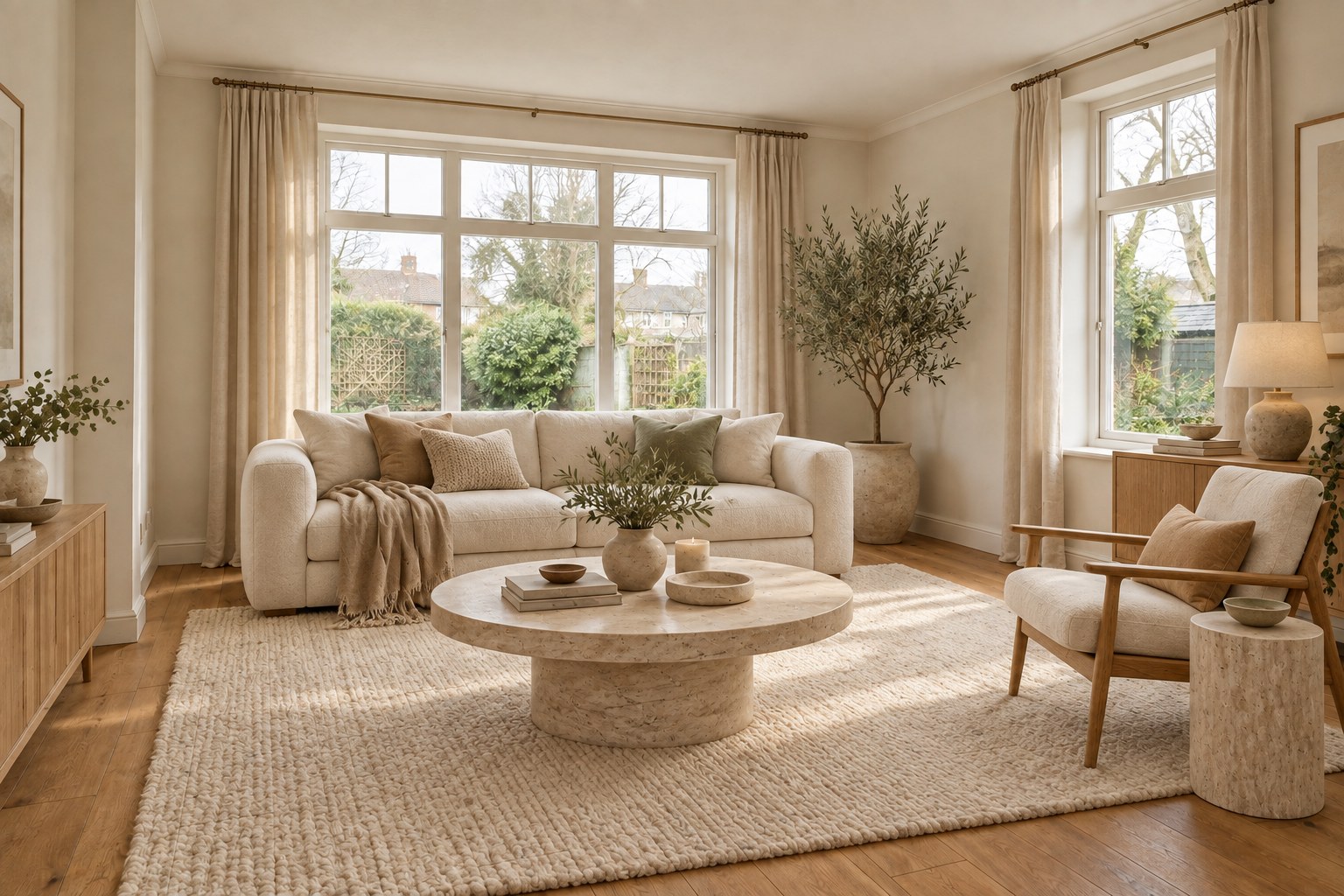 A living room redesigned with neutral furniture, warm lighting and natural materials